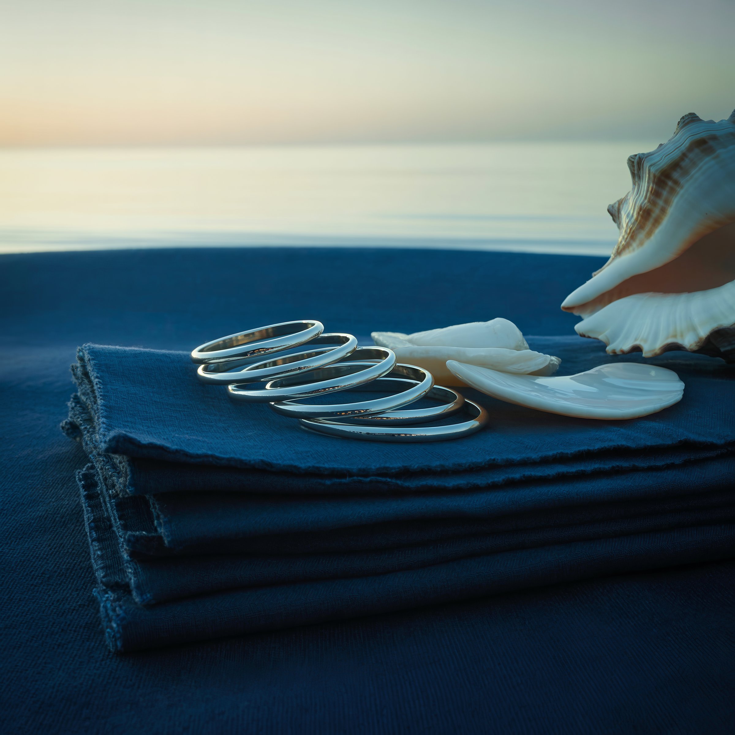 Seven silver bracelets resting on indigo cloth at the ocean's edge in predawn light