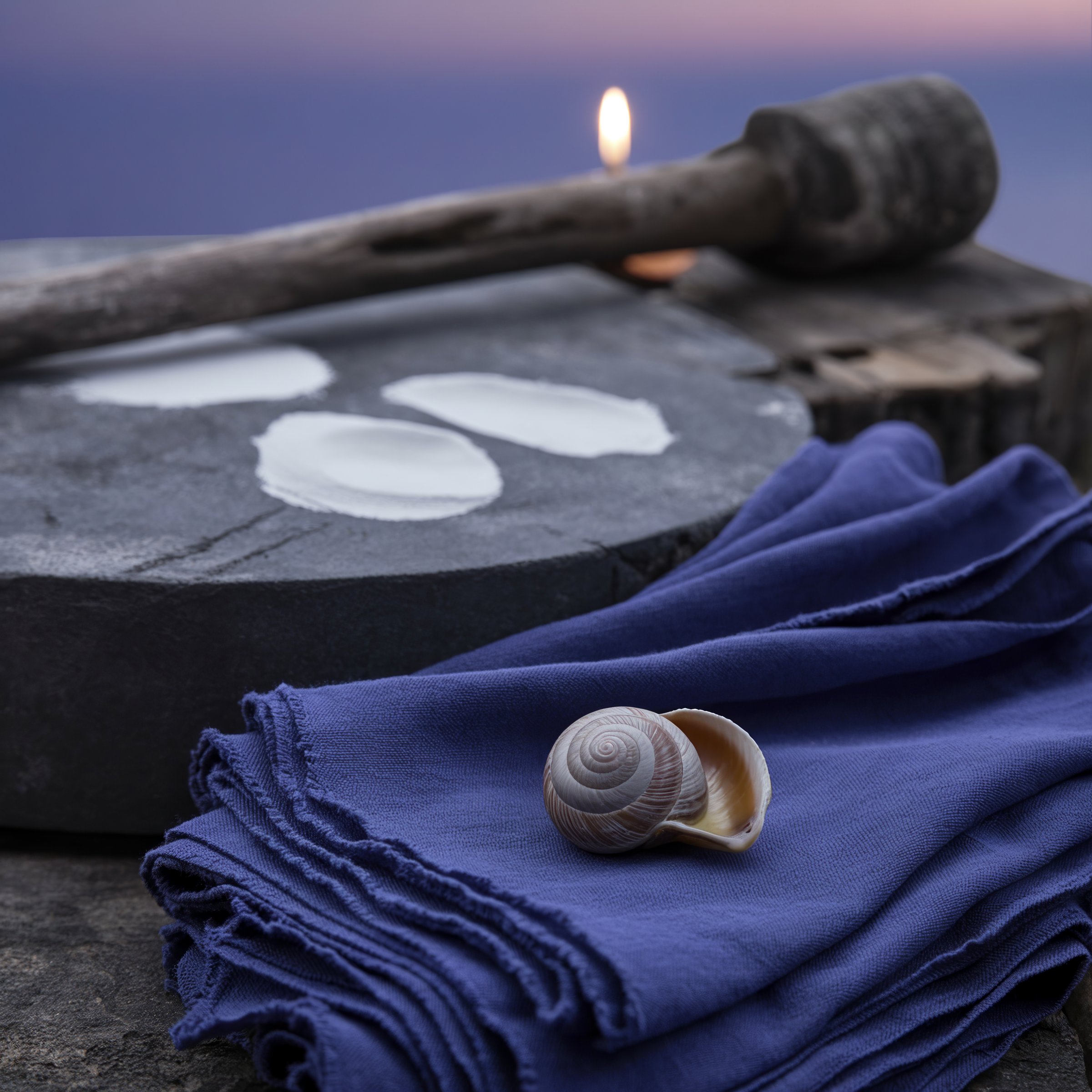 A polished snail shell on deep indigo cloth with kaolin marks on stone in violet twilight