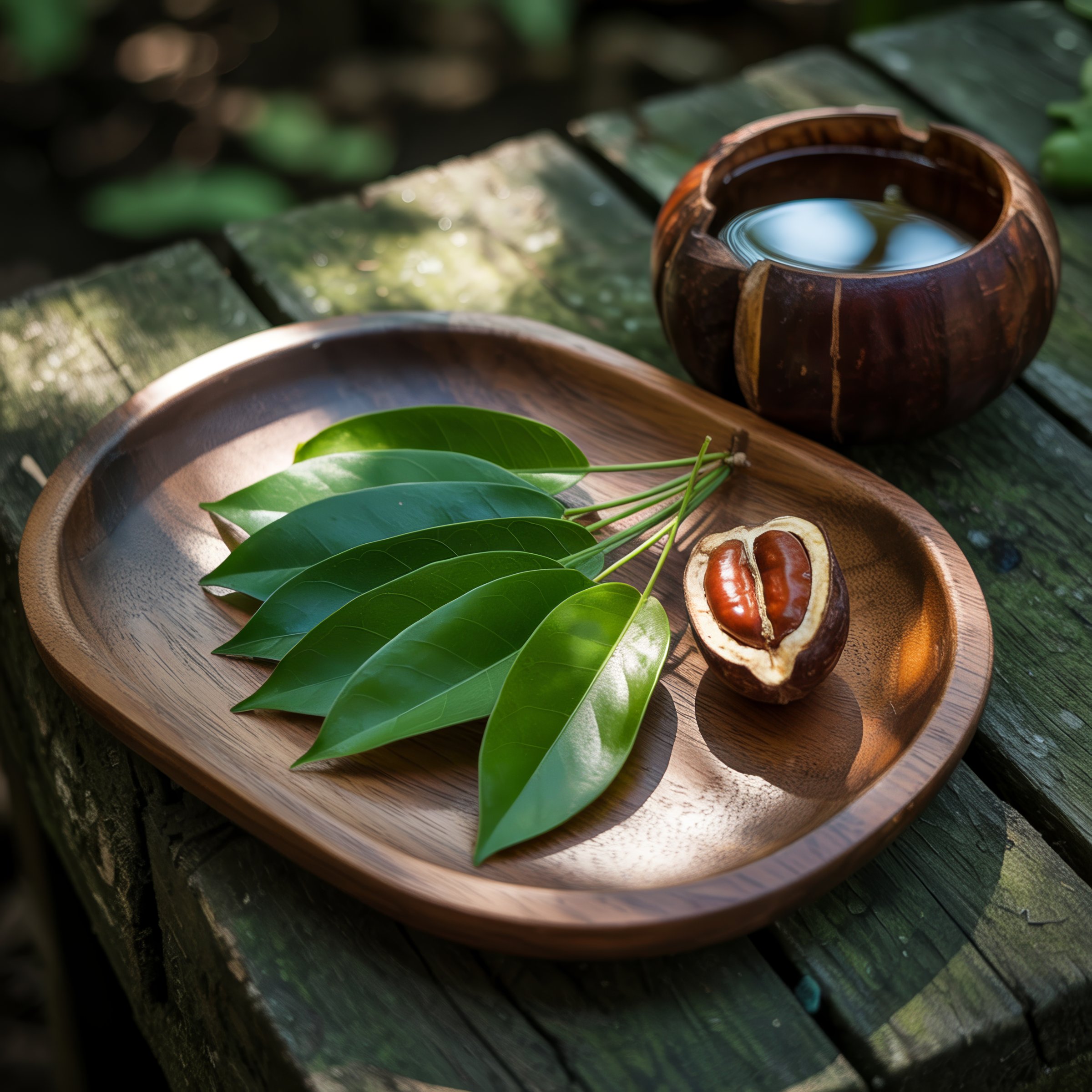 Fresh medicinal leaves and an open kola nut on a wooden divining tray in dappled forest light