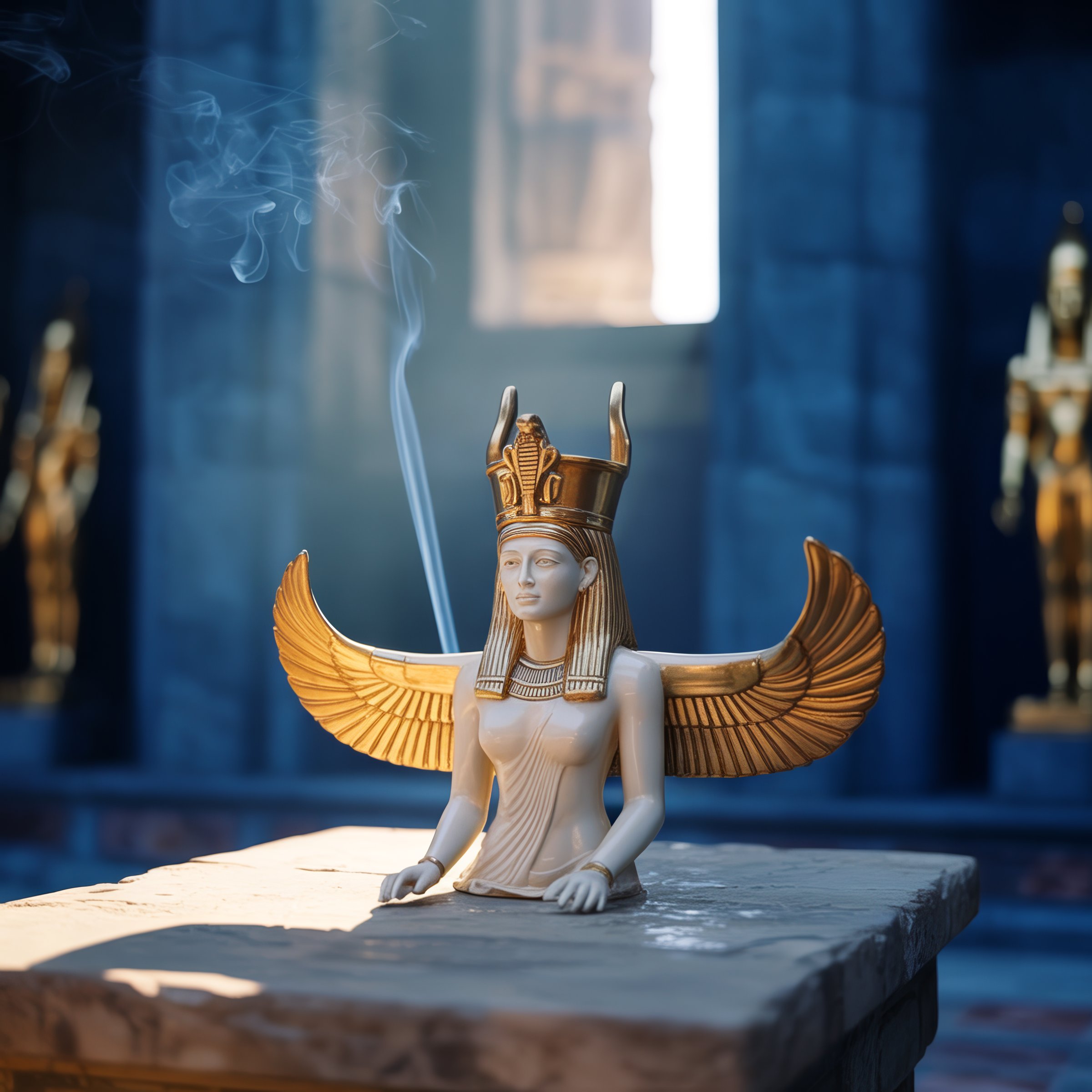 An alabaster Auset statue with outspread golden wings in a lapis temple chamber at dawn