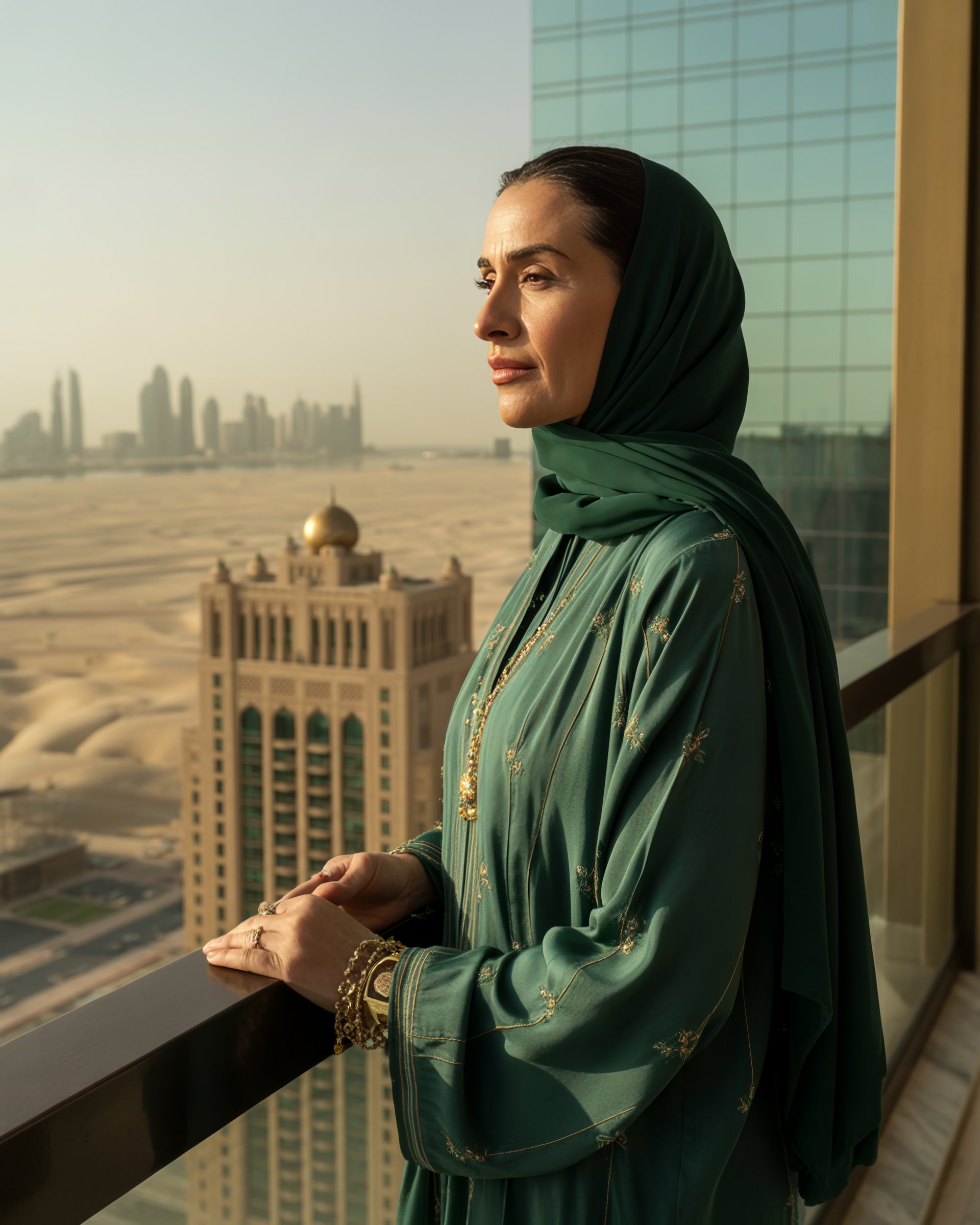 Amira Al-Fahim at the glass above the desert — the Majlis on the sixtieth floor, Dubai