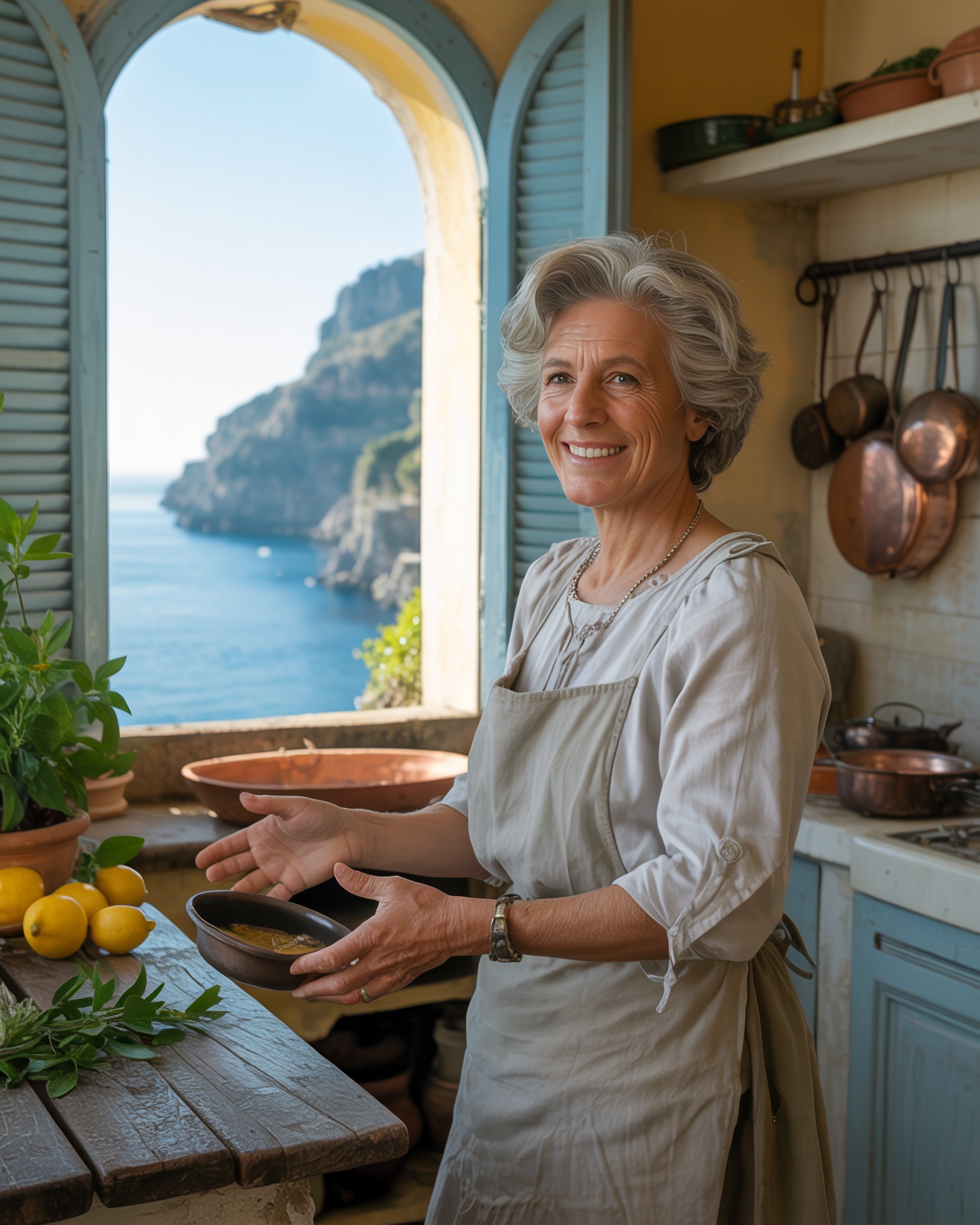 Zia Rosa at the kitchen window above the Amalfi coast, Villa Montebello